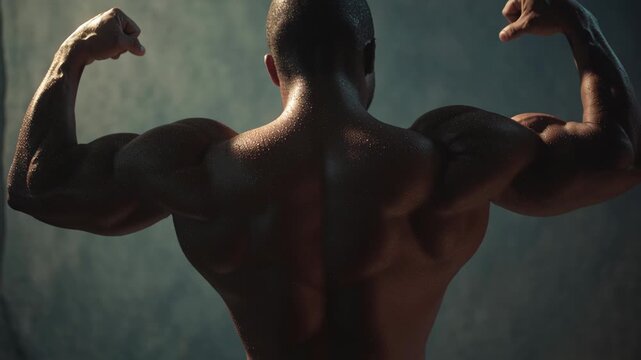 Powerful back muscles flexed in a bodybuilding pose emphasizing strength and physique