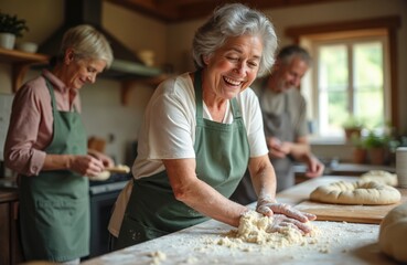 Elderly group learns baking skills in a cozy kitchen setting. They knead dough with smiles, enjoying a fun culinary activity together. Experienced instructor guides novices in food preparation.
