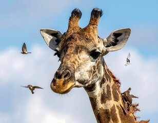 Naklejka premium Close-up of a giraffe with birds in the sky, sunny backdrop