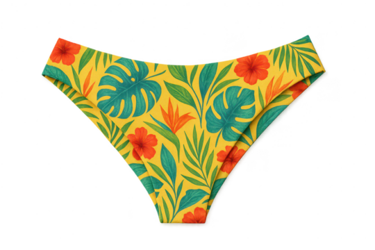 Vibrant tropical print bikini bottom, isolated on transparent background.