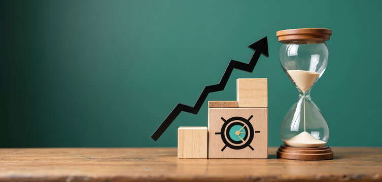 Wooden blocks form growth graph with arrow, hourglass signifies time passing. Target icon shows goal achievement. Business success concept symbolizes progress and productivity.