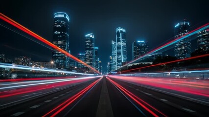 Dynamic city motion blur: A futuristic nightscape with fast-moving vehicle light trails and urban - Powered by Adobe
