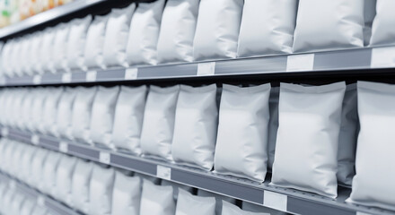 Uniform Rows of Blank White Product Packaging on Supermarket Shelves, Ready for Custom Branding and Ingredients Essential for Culinary Creation or Household Use