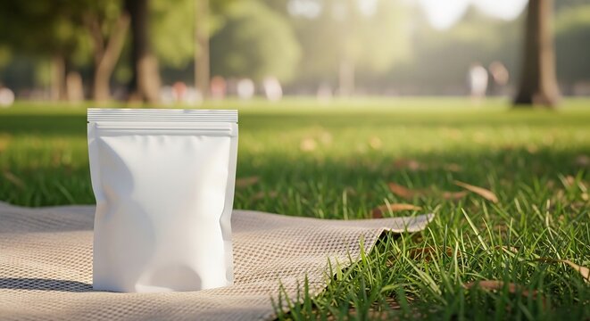 White stand-up pouch mockup for a versatile product, displayed outdoors on a picnic blanket in a sunny park, perfect for showcasing health, food, or cosmetic items