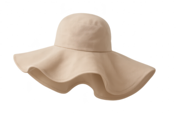 Stylish beige floppy hat with wide wavy brim isolated on transparent background