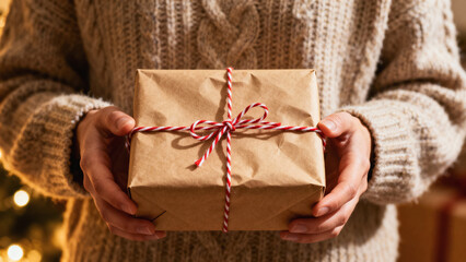 Cozy close-up of person in knitted sweater holding simple gift wrapped in kraft paper with red and white string, warm Christmas lights softly blurred in background, generative AI