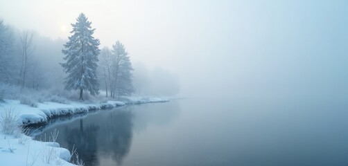 Snow covered trees line a tranquil frozen lake on a foggy winter morning. The soft pastel colors and gentle mist create a calm, quiet atmosphere.