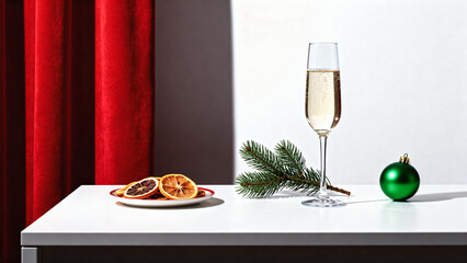Minimal holiday still life: champagne flute with bubbles, green ornament and fir sprig on a white table beside red curtain—clean festive style — generative AI