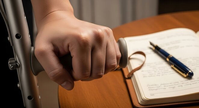 Close up of a person s hand gripping a crutch next to an open notebook and pen