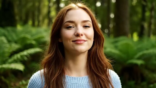 Young woman breathing fresh air and smiling peacefully in a lush green forest