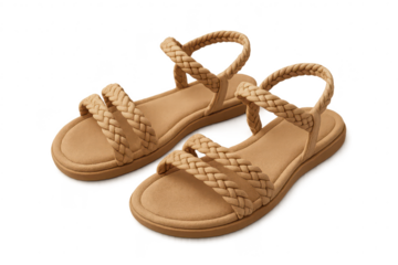 Fashionable pair of beige braided sandals isolated on a transparent background
