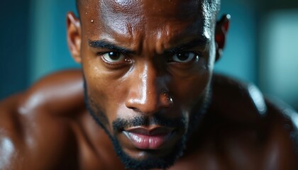 Muscular african american man sweating intensely after hard workout. Intense focus and determination in his eyes. Shows dedication to fitness and strength. Great for motivational content.