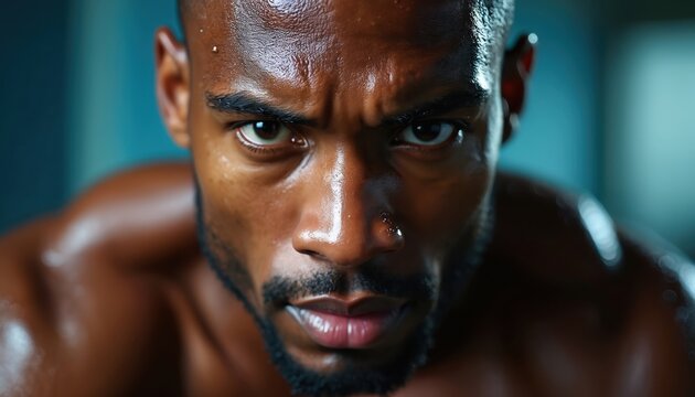 Muscular african american man sweating intensely after hard workout. Intense focus and determination in his eyes. Shows dedication to fitness and strength. Great for motivational content.