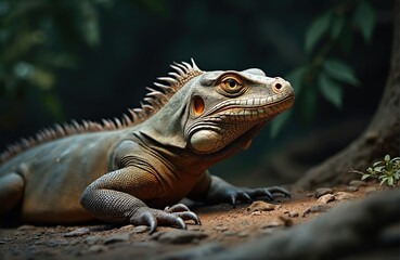 Obraz premium Close up of iguana reptile head, body, shows scaly skin texture. Large lizard rests on ground in jungle foliage, looking alert with bright eyes. Wildlife creature in natural habitat, detailed ancient