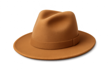 Elegant brown felt fedora hat, isolated on transparent background, fashion accessory.