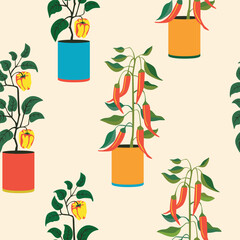 Seamless pattern with plants peppers in the pots.