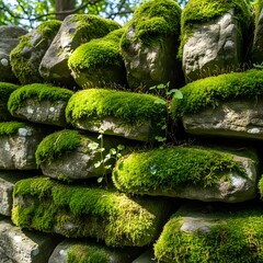 Close-up view of moss-covered stones stacked in a natural outdoor setting with sunlight filtering through the trees