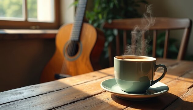 Warm cup of coffee steams on wooden table beside acoustic guitar. Sunlight streams through window illuminating cozy rustic scene. Relaxed atmosphere perfect for quiet moments or creative inspiration.