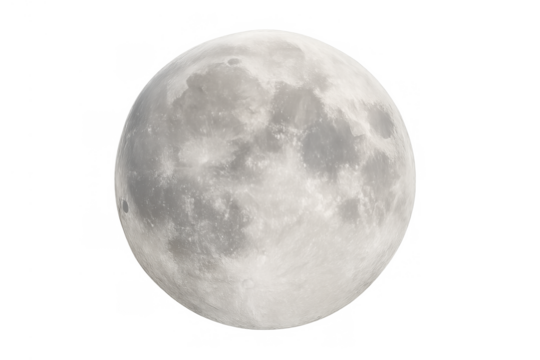 Full moon rising in clear night sky, illuminating craters and vast lunar surface on transparent background