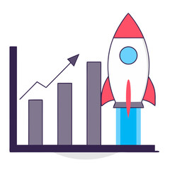 Vector rocket launching beside upward bar chart symbolizing business growth