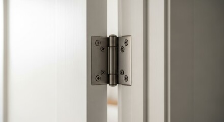 Close-up of a hinge attaching a door panel to a white door frame