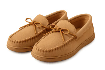 Fototapeta premium Comfortable tan moccasin slippers on transparent background, soft.