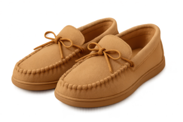 Comfortable tan moccasin slippers on transparent background, soft.