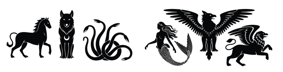 Collection of Mythical Creatures Silhouettes vector illustration