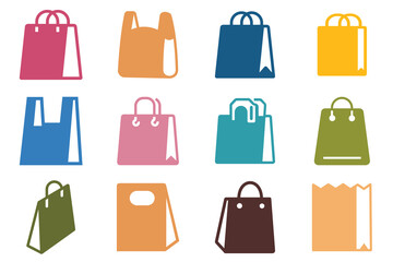 Branded shopping bag color vector icon set. Purchase sign. E-Commerce and online shop. Paper hand bag, gift bag, package design, grocery bag, Paper market packet. Vector illustration.