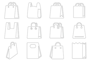 Shopping bag vector icon set. Purchase sign. Paper market bag symbols. E-Commerce and online shop. Paper hand bag, gift bag, package design, grocery bag, Paper market packet. Vector illustration.