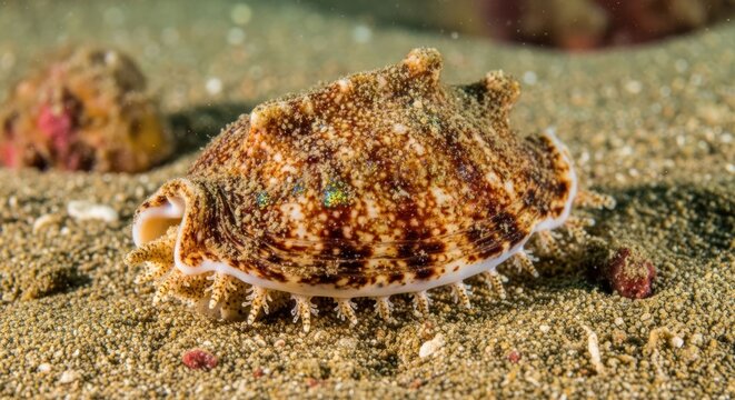 Close-up of a textured sea snail on sandy ocean floor