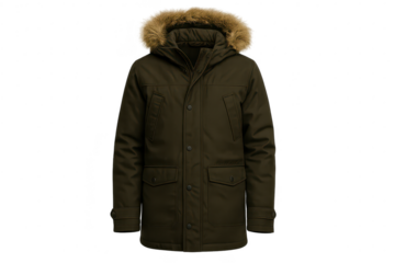 Dark green winter parka with fur-lined hood, isolated on a transparent background