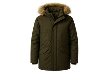 Green winter parka with fur hood, transparent background, warm clothing.