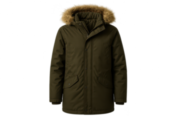 Green winter parka with fur hood, transparent background, warm clothing.