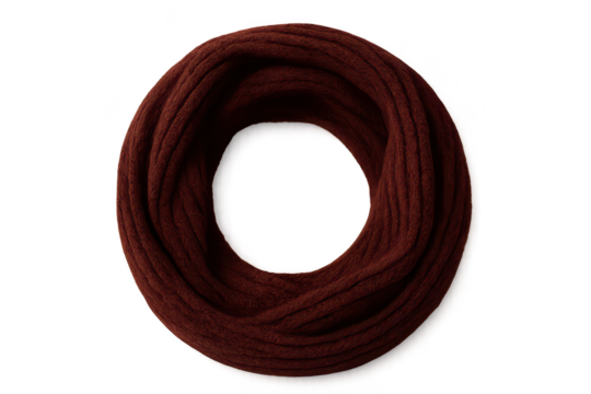 Stylish reddish-brown knitted infinity scarf isolated on transparent background