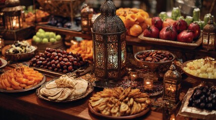 Fototapeta premium Traditional ramadan kareem iftar setting with dates, dried fruits, nuts, and islamic decoration arranged on table for festive evening meal during holy month