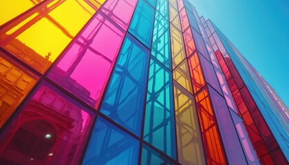 Modern building facade with vibrant colored glass panels reflecting sunlight. Contemporary architecture features geometric patterns and transparent materials creating a bright urban cityscape.
