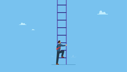 Confidence businessman look up to begin climbing ladder of success. Challenge to climb up success ladder, unknown journey ahead, step to new career opportunity, determination to achieve goal.