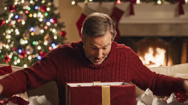 Middle-aged man opening Christmas gift with excitement at home  