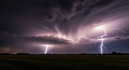 Dramatic nighttime thunderstorm with vibrant lightning bolts illuminating dark clouds