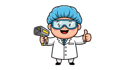 Cute cartoon scientist character in lab coat and goggles holding a scanner and giving a thumbs-up, representing research and safety.