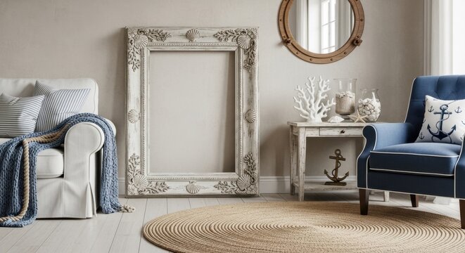 Coastal Nautical Living Room Decor with Vintage Frames and Marine Accents