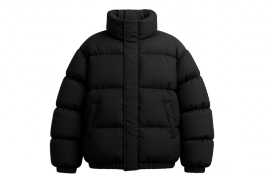 Stylish black puffer jacket, winter fashion apparel, isolated on transparent background