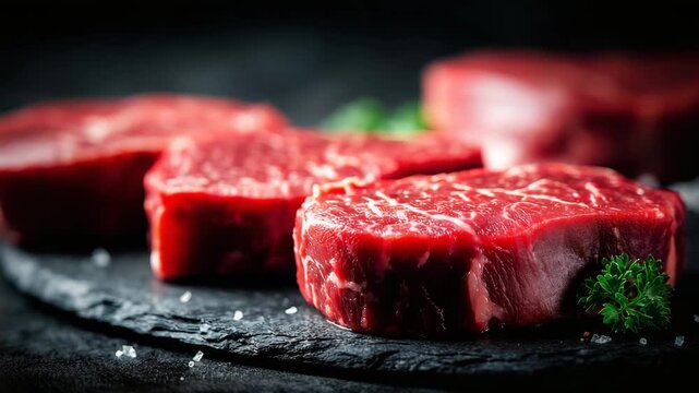 Close-up of Fresh, Bright Red Raw Beef Chunks [4K]