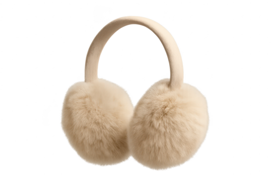 Beige fluffy earmuffs, a cozy winter accessory isolated on transparent background