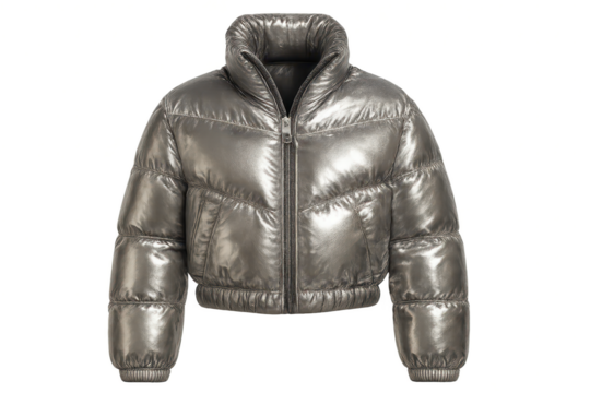 Shiny metallic puffer jacket, cropped winter fashion on transparent background.