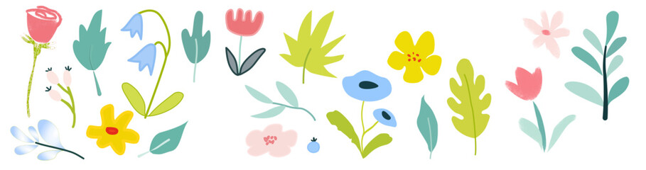 Flower crayon watercolor spring floral set. Hand drawn pastel crayon flower, leaf, plant with chalk texture. Cute nature background for kid, child, garden vector illustration of an abstract flower, 