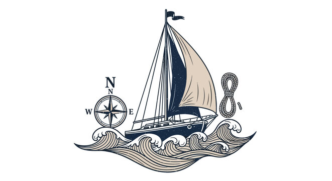 A vintage-style illustration featuring a sailboat on ocean waves, a compass rose, and a figure eight knot, symbolizing nautical adventure and exploration.