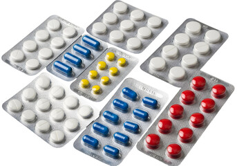 Assortment Of Pharmaceutical Blister Packs Containing White Blue Yellow And Red Pills And Capsules On A Transparent Background In Studio Lighting