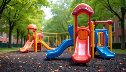 Modern playground with colorful slides and climbing structures. Children can play safely on soft ground with trees and buildings nearby. Outdoor recreation area for fun.